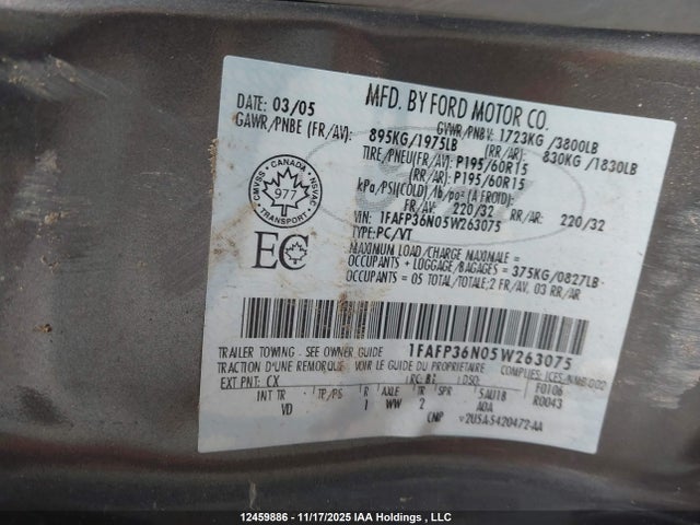 Aukcja sprzedaży 2005 Ford Focus Zxw, vin: 1FAFP36N05W263075, numer aukcji: 12459886