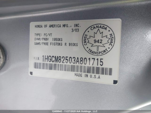12459943 :رقم المزاد ، 1HGCM82503A801715 vin ، 2003 Honda Accord Ex مزاد بيع