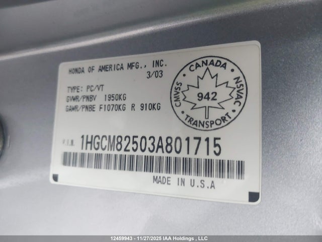 12459943 :رقم المزاد ، 1HGCM82503A801715 vin ، 2003 Honda Accord Ex مزاد بيع
