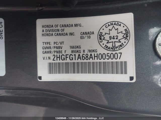 Продаж на аукціоні авто 2010 Honda Civic Lx, vin: 2HGFG1A68AH005007, номер лоту: 12459949