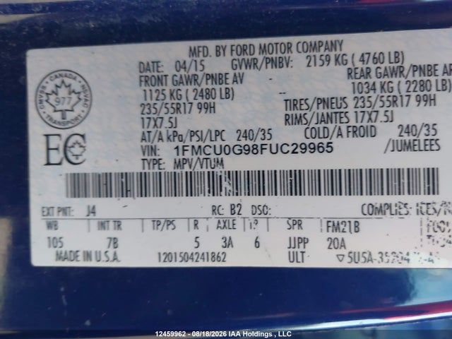 Ford ESCAPE SE 2015 1FMCU0G98FUC29965 Image 9
