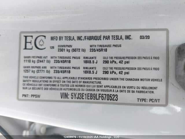 Продажа на аукционе авто 2020 Tesla Model 3, vin: 5YJ3E1EB9LF670523, номер лота: 12459976