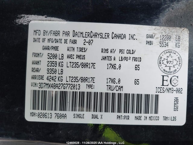 12460028 :رقم المزاد ، 3D7MX48A27G772013 vin ، 2007 Dodge Ram 3500 Laramie مزاد بيع