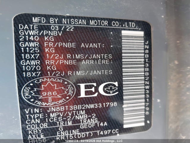 Продажа на аукционе авто 2022 Nissan Rogue Sv, vin: JN8BT3BB2NW331798, номер лота: 12460174