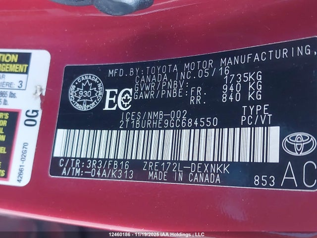 Toyota 2zr-fe 2016 2T1BURHE9GC684550 Image 9