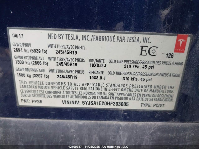 Продажа на аукционе авто 2017 Tesla Model S 100d/60d/75d/90d/p100d, vin: 5YJSA1E20HF203005, номер лота: 12460387