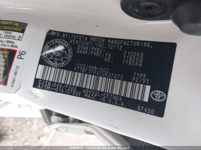 12460415 :رقم المزاد ، 4T1BF1FKXCU637072 vin ، 2012 Toyota Camry Se/le/xle مزاد بيع
