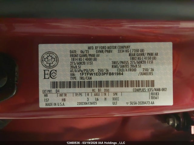 Продажа на аукционе авто 2023 Ford F150 Supercrew, vin: 1FTFW1ED3PFB81984, номер лота: 12460536