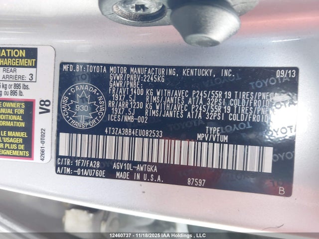 12460737 :رقم المزاد ، 4T3ZA3BB4EU082533 vin ، 2014 Toyota Venza Le/xle مزاد بيع