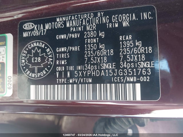 Продажа на аукционе авто 2018 Kia Sorento 2.0l Ex, vin: 5XYPHDA15JG351763, номер лота: 12460747