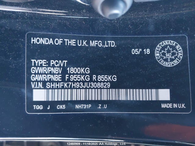 SHHFK7H93JU308829 Honda Civic Sport Touring