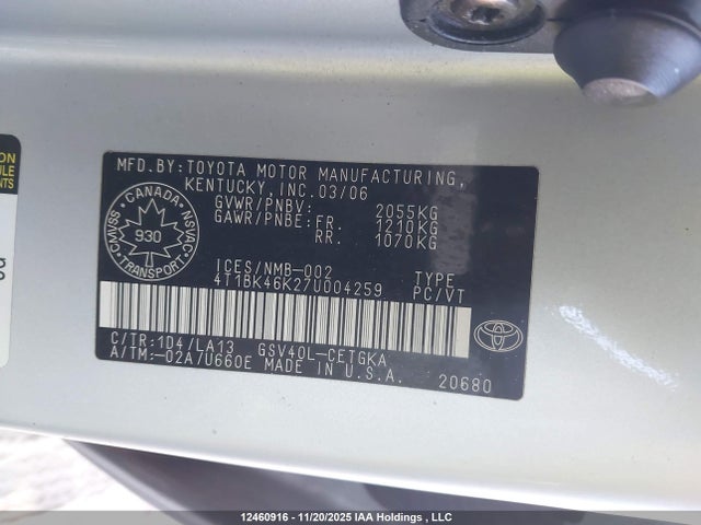 12460916 :رقم المزاد ، 4T1BK46K27U004259 vin ، 2007 Toyota Camry Le V6/se V6/xle V6 مزاد بيع