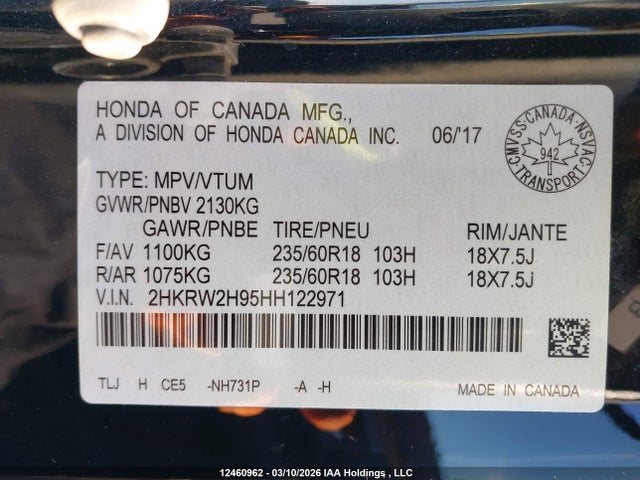 Продажа на аукционе авто 2017 Honda Cr-v Touring, vin: 2HKRW2H95HH122971, номер лота: 12460962