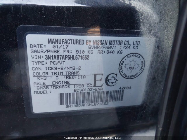 3N1AB7AP6HL671662 Nissan Sentra 1.8 S/1.8 Sl/1.8 Sv