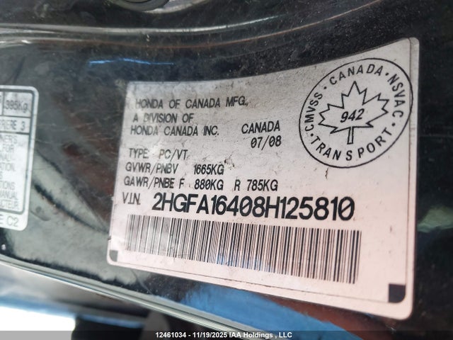 12461034 :رقم المزاد ، 2HGFA16408H125810 vin ، 2008 Honda Civic مزاد بيع