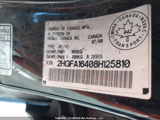 12461034 :رقم المزاد ، 2HGFA16408H125810 vin ، 2008 Honda Civic مزاد بيع