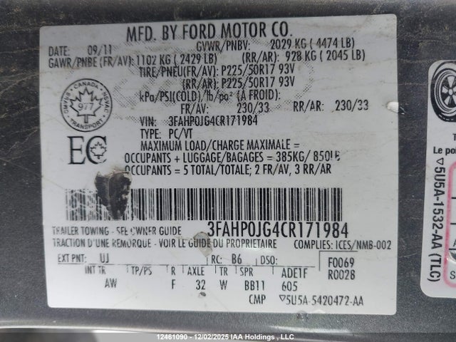 12461090 :رقم المزاد ، 3FAHP0JG4CR171984 vin ، 2012 Ford Fusion مزاد بيع