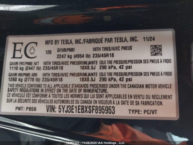 2025 Tesla Model 3 Long Range მანქანა იყიდება აუქციონზე, vin: 5YJ3E1EBXSF895953, აუქციონის ნომერი: 12461121