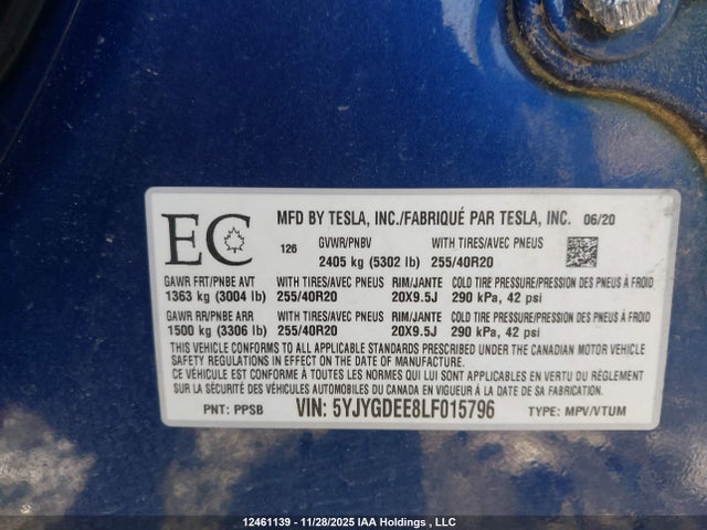 Tesla Model Y Long Range 2020 5YJYGDEE8LF015796 Image 9