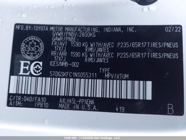 5TDGSKFC1NS055311 Toyota Sienna Le 8-passenger