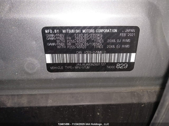 JA4J4UA83NZ601727 Mitsubishi Outlander Se/black Edition