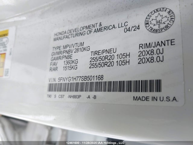 5FNYG1H77SB501168 Honda Pilot Touring