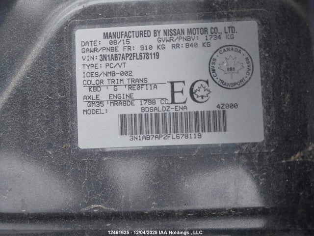12461625 :رقم المزاد ، 3N1AB7AP2FL678119 vin ، 2015 Nissan Sentra S/sv/sr/sl مزاد بيع