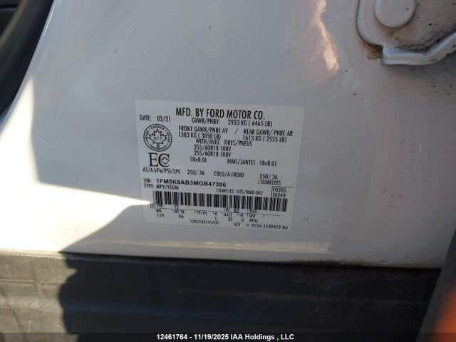 12461764 :رقم المزاد ، 1FM5K8AB3MGB47386 vin ، 2021 Ford Explorer Police Interceptor مزاد بيع