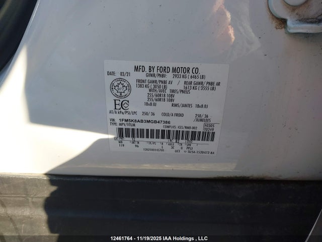 12461764 :رقم المزاد ، 1FM5K8AB3MGB47386 vin ، 2021 Ford Explorer Police Interceptor مزاد بيع