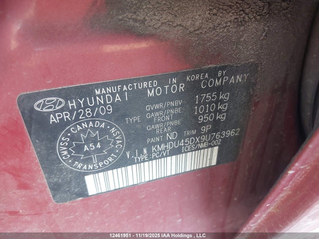 12461951 :رقم المزاد ، KMHDU45DX9U763962 vin ، 2009 Hyundai Elantra Gl/l مزاد بيع