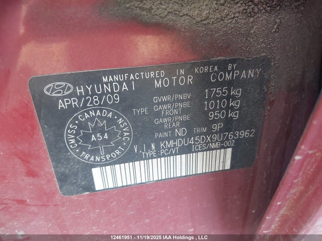 12461951 :رقم المزاد ، KMHDU45DX9U763962 vin ، 2009 Hyundai Elantra Gl/l مزاد بيع
