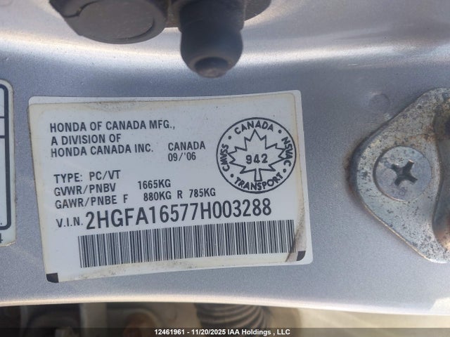 12461961 :رقم المزاد ، 2HGFA16577H003288 vin ، 2007 Honda Civic Lx مزاد بيع