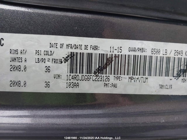 Dodge DURANGO LIMITED 2015 1C4RDJDG6FC223126 Image 9