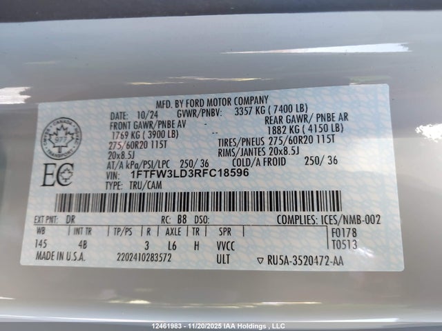 Aukcja sprzedaży 2024 Ford F150 Xlt, vin: 1FTFW3LD3RFC18596, numer aukcji: 12461983