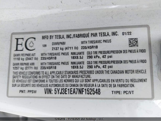 2022 Tesla Model 3 Rwd/standard Range მანქანა იყიდება აუქციონზე, vin: 5YJ3E1EA7NF152548, აუქციონის ნომერი: 12462056