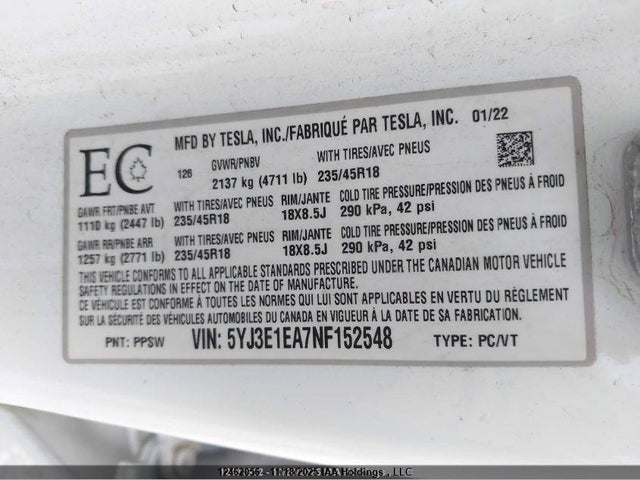 2022 Tesla Model 3 Rwd/standard Range მანქანა იყიდება აუქციონზე, vin: 5YJ3E1EA7NF152548, აუქციონის ნომერი: 12462056