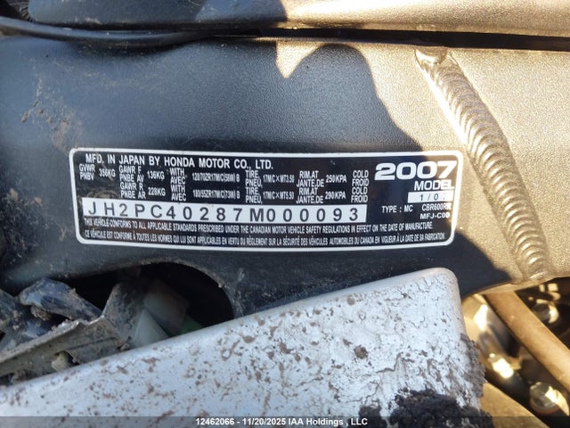 Продаж на аукціоні авто 2007 Honda Cbr600 Rr, vin: JH2PC40287M000093, номер лоту: 12462066