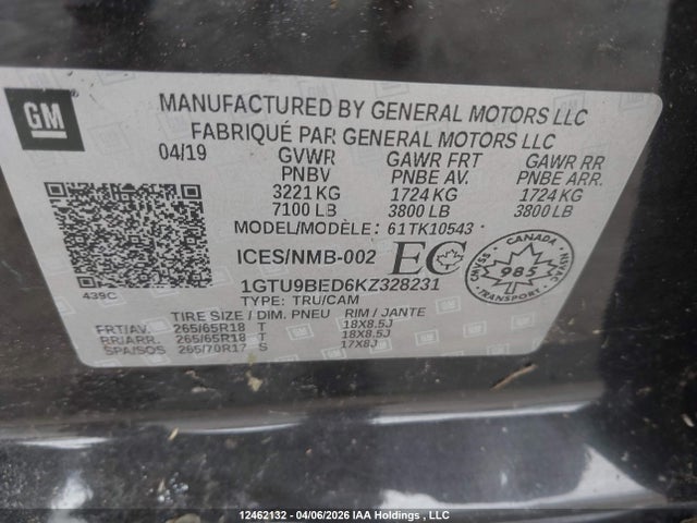 1GTU9BED6KZ328231 GMC Sierra K1500 Sle