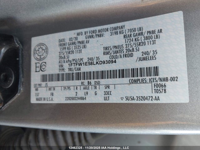 12462325 :رقم المزاد ، 1FTFW1E58LKD93094 vin ، 2020 Ford F150 Supercrew مزاد بيع