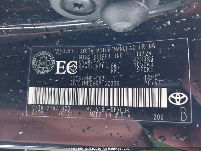 12462399 :رقم المزاد ، 5YFB4MDE6RP152006 vin ، 2024 Toyota Corolla مزاد بيع