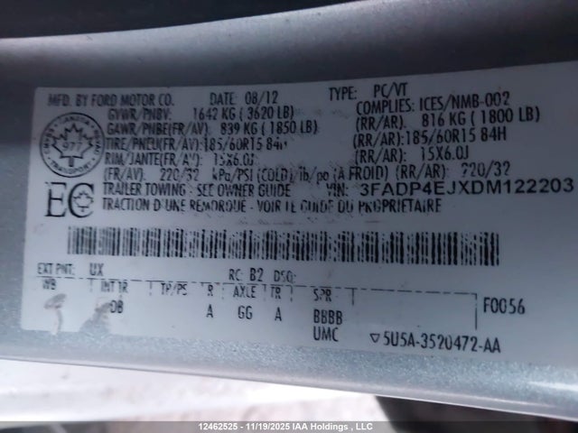 12462525 :رقم المزاد ، 3FADP4EJXDM122203 vin ، 2013 Ford Fiesta Se مزاد بيع