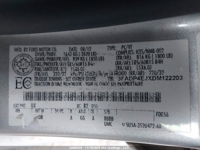 12462525 :رقم المزاد ، 3FADP4EJXDM122203 vin ، 2013 Ford Fiesta Se مزاد بيع