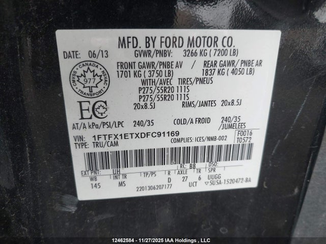 12462584 :رقم المزاد ، 1FTFX1ETXDFC91169 vin ، 2013 Ford F-150 Xlt مزاد بيع