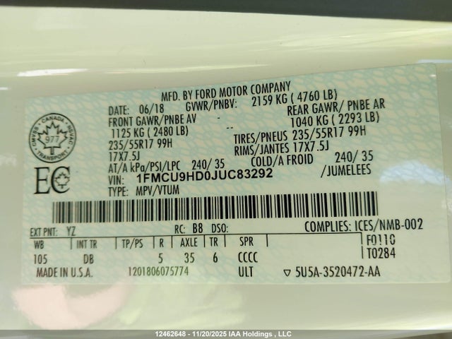 12462648 :رقم المزاد ، 1FMCU9HD0JUC83292 vin ، 2018 Ford Escape Sel مزاد بيع