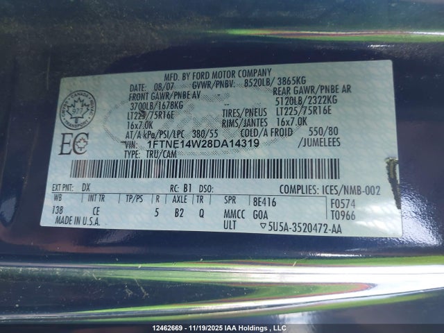 12462669 :رقم المزاد ، 1FTNE14W28DA14319 vin ، 2008 Ford Econoline E150 Van مزاد بيع