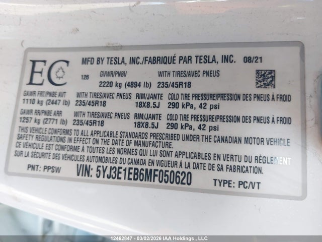 2021 Tesla Model 3 Long Range მანქანა იყიდება აუქციონზე, vin: 5YJ3E1EB6MF050620, აუქციონის ნომერი: 12462847