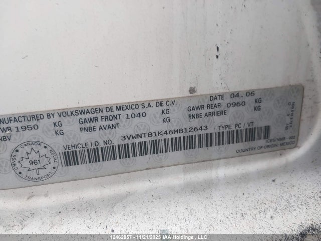 Aukcja sprzedaży 2006 Volkswagen Jetta Tdi, vin: 3VWNT81K46M812643, numer aukcji: 12462857