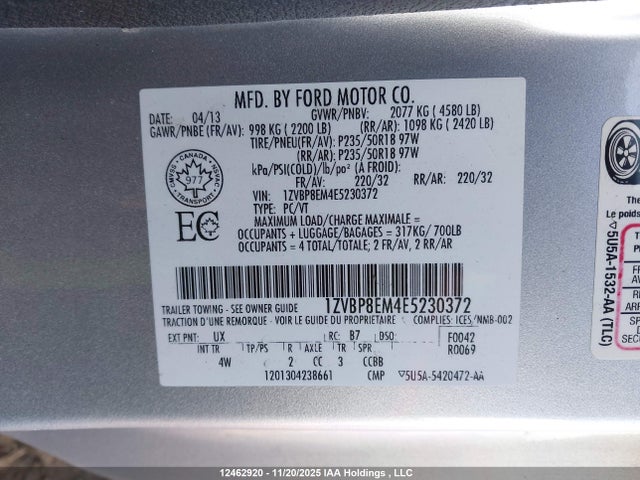 2014 Ford Mustang V6 Premium მანქანა იყიდება აუქციონზე, vin: 1ZVBP8EM4E5230372, აუქციონის ნომერი: 12462920