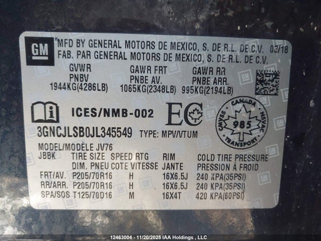 12463004 :رقم المزاد ، 3GNCJLSB0JL345549 vin ، 2018 Chevrolet Trax 1lt مزاد بيع