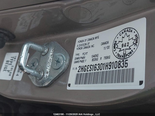 12463195 :رقم المزاد ، 2HGES16301H910835 vin ، 2001 Honda Civic Dx-g مزاد بيع